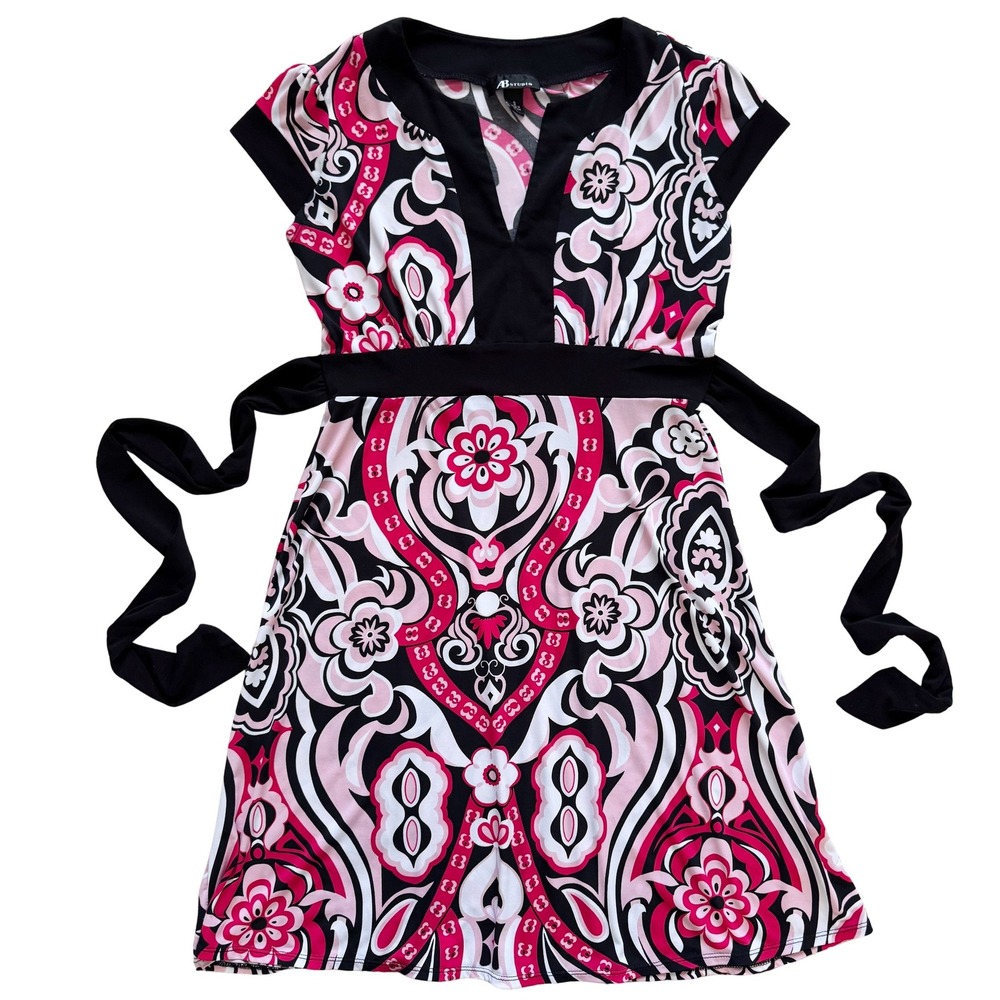 AB studio Women's Size S Black Pink White Floral Y2K Tie Back Babydoll dress - Picture 9 of 13